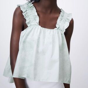 Zara Sage Green Tie Dye Pomplin Ruffle-Strap Square-Neck Cropped Camisole Size S